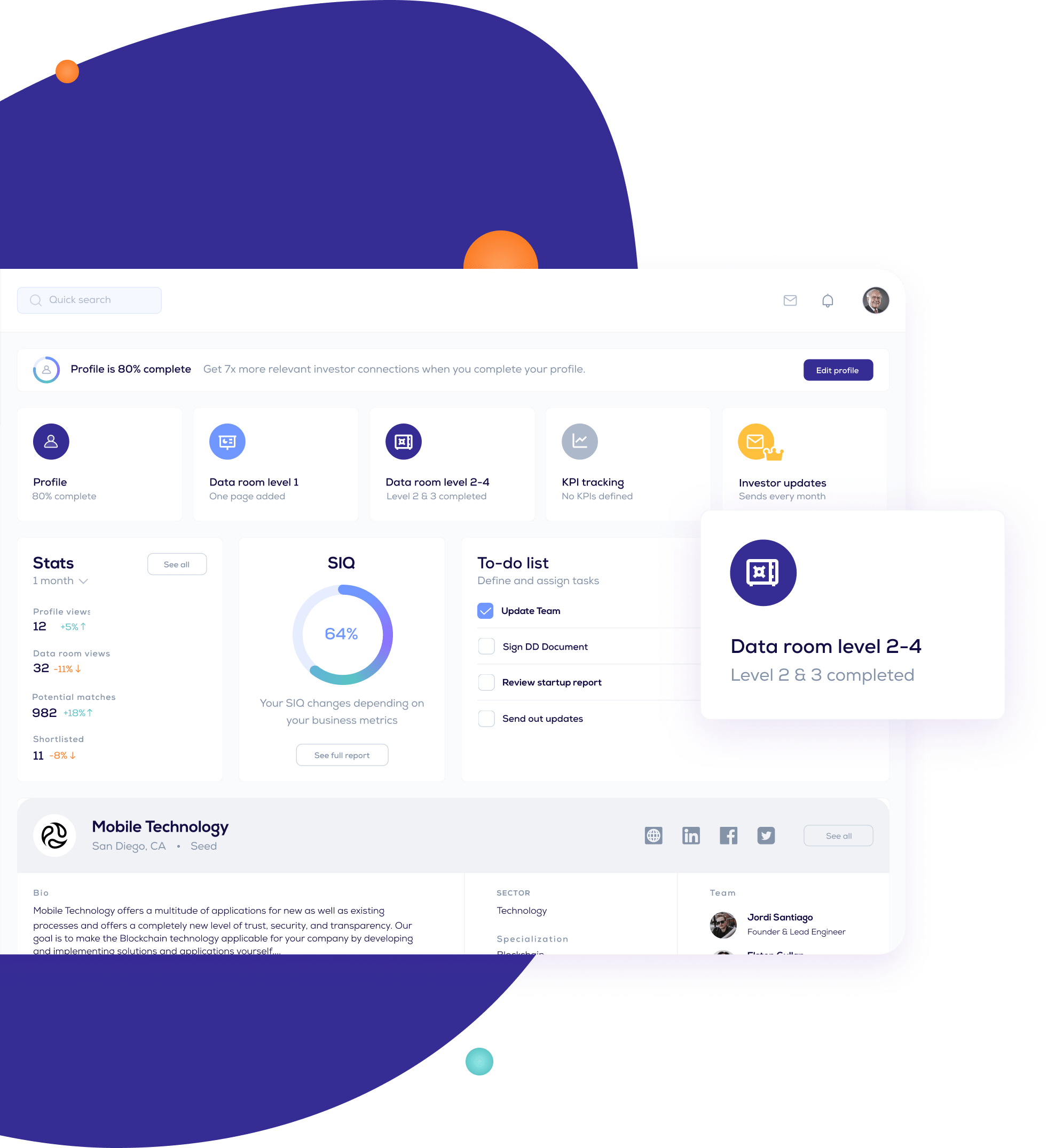 Startup dashboard with data room completion